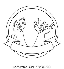 young couple students graduated celebrating in circular frame
