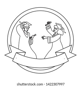 young couple students graduated celebrating in circular frame