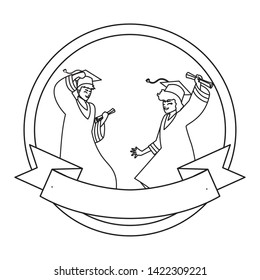 young couple students graduated celebrating in circular frame