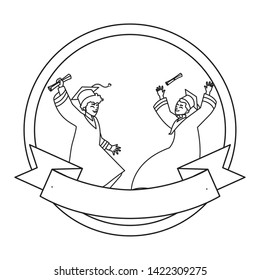 young couple students graduated celebrating in circular frame