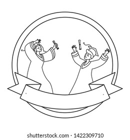 young couple students graduated celebrating in circular frame
