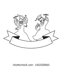 young couple students graduated celebrating with ribbon