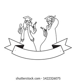 young couple students graduated celebrating with ribbon