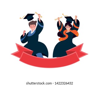 young couple students graduated celebrating with ribbon