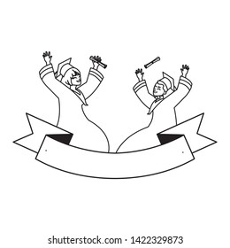 young couple students graduated celebrating with ribbon