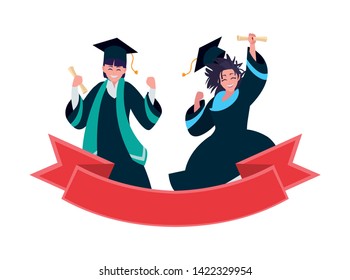 young couple students graduated celebrating with ribbon