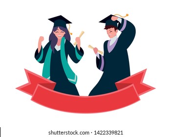 young couple students graduated celebrating with ribbon