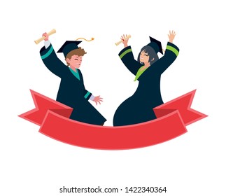 young couple students graduated celebrating with ribbon