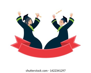 young couple students graduated celebrating with ribbon