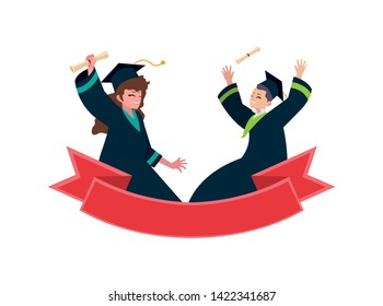 young couple students graduated celebrating with ribbon