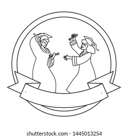 young couple students graduated celebrating in circular frame