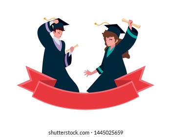 young couple students graduated celebrating with ribbon