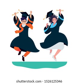 young couple students graduated celebrating vector illustration design