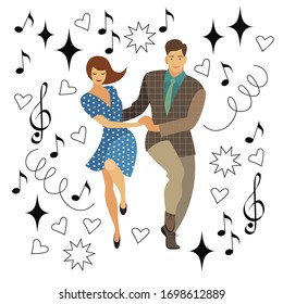 a young couple in the style of the 50s performs an energetic dance. people are depicted  in the cartoon style. flat drawing on a white background. stock vector illustration. EPS 10.