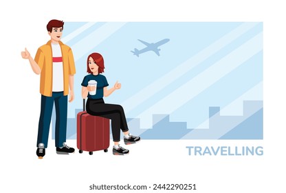 Young couple with suitcase, backpack showing thumbs up at the airport before flight. Travelling concept, flat design, cartoon style. People waiting in airport. Vector illustration
