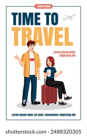 Young couple with suitcase, backpack showing thumbs up at the airport before flight. Flat design, cartoon style. Vector illustration. Travelling concept flyer, banner, promo, advertising, leaflet.