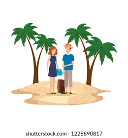 young couple with suitcase on the beach