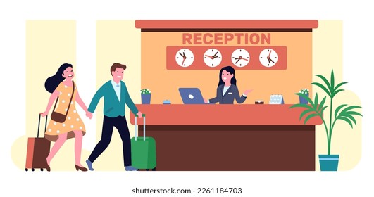 Young couple with suitcases approaches hotel reception. Receptionist at registration counter. Motel hallway. Man and woman carry baggage. Family vacation. Hostel guest