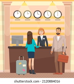 Young couple with suitcases standing at reception desk. People communicating with hotel administrator. Registration and receipt of hotel room. Facility staff services visitors, helps with booking