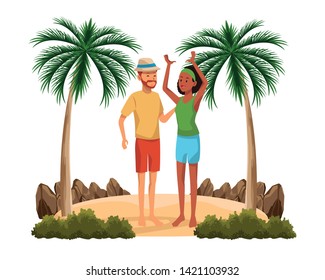 Young couple in summer with casual clothes cartoons in the beach scenery isolated vector illustration graphic design