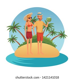 Young couple in summer drinking coconut cocktail in the beach scenery round frame vector illustration graphic design