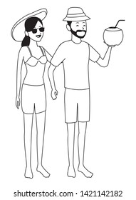 Young couple in summer drinking coconut cocktail isolated vector illustration graphic design