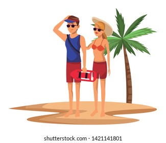 Young couple in summer with lfeguard float in the beach scenery isolated vector illustration graphic design