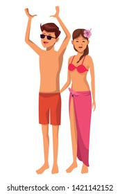 Young couple in summer in swimsuit cartoons isolated vector illustration graphic design