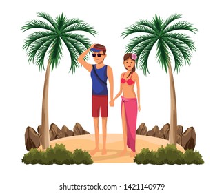 Young couple in summer with swimsuit and sunglasses in the beach scenery isolated vector illustration graphic design