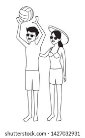 Young couple in summer with voleyball ball isolated vector illustration graphic design