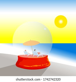 Young Couple Sunbathing in the Glass Sphere. Dramatic Corona Effect and Crises on Tourism. Quarantine Outbreak. Coronavirus Danger and Public Health risk disease and flu outbreak. 