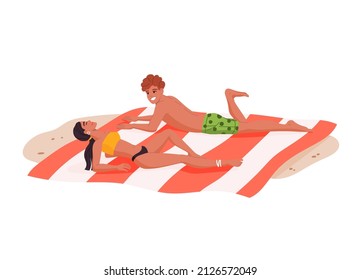 Young couple sunbathing on the beach. People relaxing on beach, man in shorts and woman in bikini flat vector characters lying on blanket, sunbathing during vacation resort trip, resting on seaside
