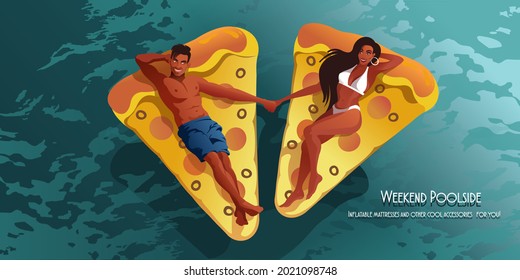 Joven pareja tomando el sol en colchonetas de pizza inflables en la piscina. Ilustración vectorial para la mofa de la página de aterrizaje o banner de publicidad de diseño plano.
