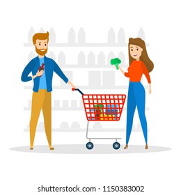 Young couple in supermarket byuing bakery, fruits, vegetables and other food. Family in the grocery store. Woman holding broccoli. Isolated flat vector illustration