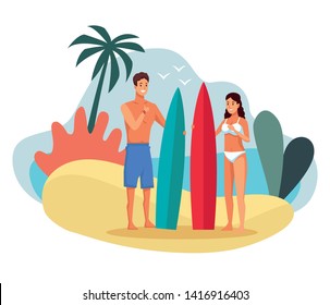 Young couple with surf boards at beach, summer and vacations cartoons. vector illustration graphic design