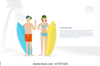 Young couple with surfboards are standing on the beach. Surfing, summer vacations, outdoors activities concept. Flat vector illustration with gradient background with landscape
