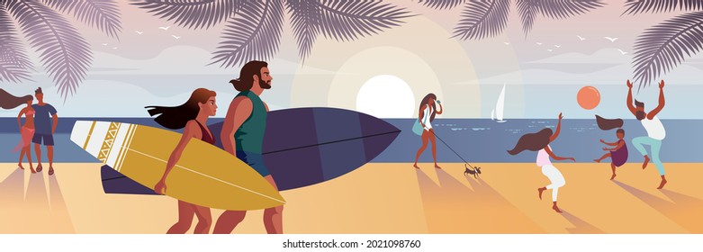 A young couple of surfers with boards walk along the embankment at sunset. Vacationers play beach volleyball on the background. Vector illustration for landing page or advertising banner.