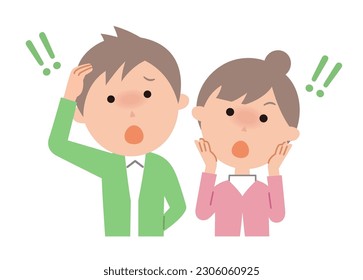 A young couple with a surprised expression. This is the spring　winter version of the 3-head series.