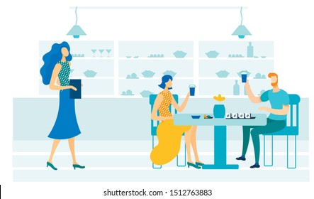 Young Couple in Sushi Bar Flat Vector Illustration. Customers and Waitress Cartoon Characters. Man and Woman Eating Delicious Seafood, Fish Rolls and Shrimp. Traditional Japanese Food Restaurant