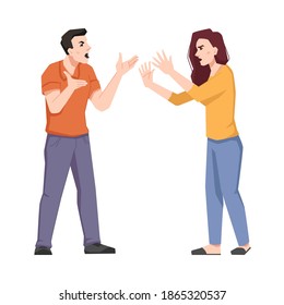 Young couple swear and shout isolated screaming wife and husband. Vector emotional frustrated irritated man and woman quarreling, problems in relationships, family conflict. Disagreement and divorce