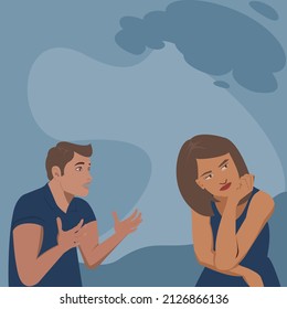 Young Couple swearing under blue could background.Conflicts concept a Young man  and woman character. Angry people quarrel. The beginning of the couple's divorce .Psychological concept of family.