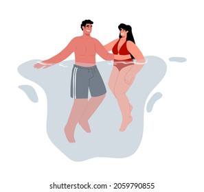 Young couple swimming in water,isolated on white background.Man and woman relaxing on the sea, swimming together and smiling,summer vacation and activity.Vector flat illustration.
