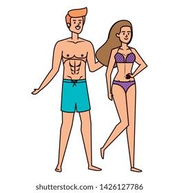 young couple with swimsuit avatars characters