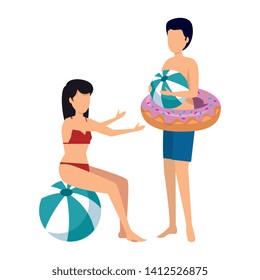 young couple with swimsuit and balloon and float
