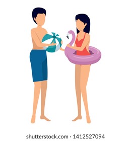 young couple with swimsuit and balloon and float