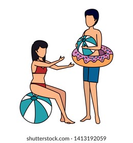 young couple with swimsuit and balloon and float