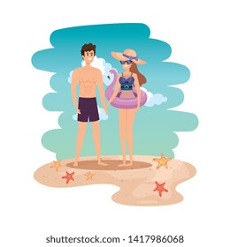 young couple with swimsuit and flemish float on the beach