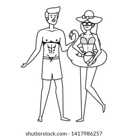 young couple with swimsuit and flemish float