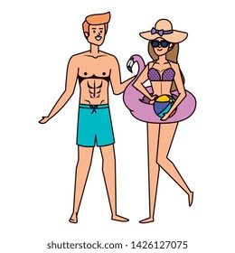 young couple with swimsuit and flemish float