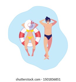 young couple with swimsuit and float in water